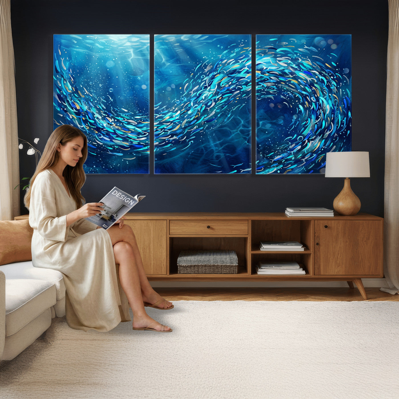 54535639-MGV-CV-36X24 - School of Fish Canvas Print | Blue Ocean Underwater Wall Art | Swirling Fish Shoal Illustration | Marine Navy Coastal Decor
