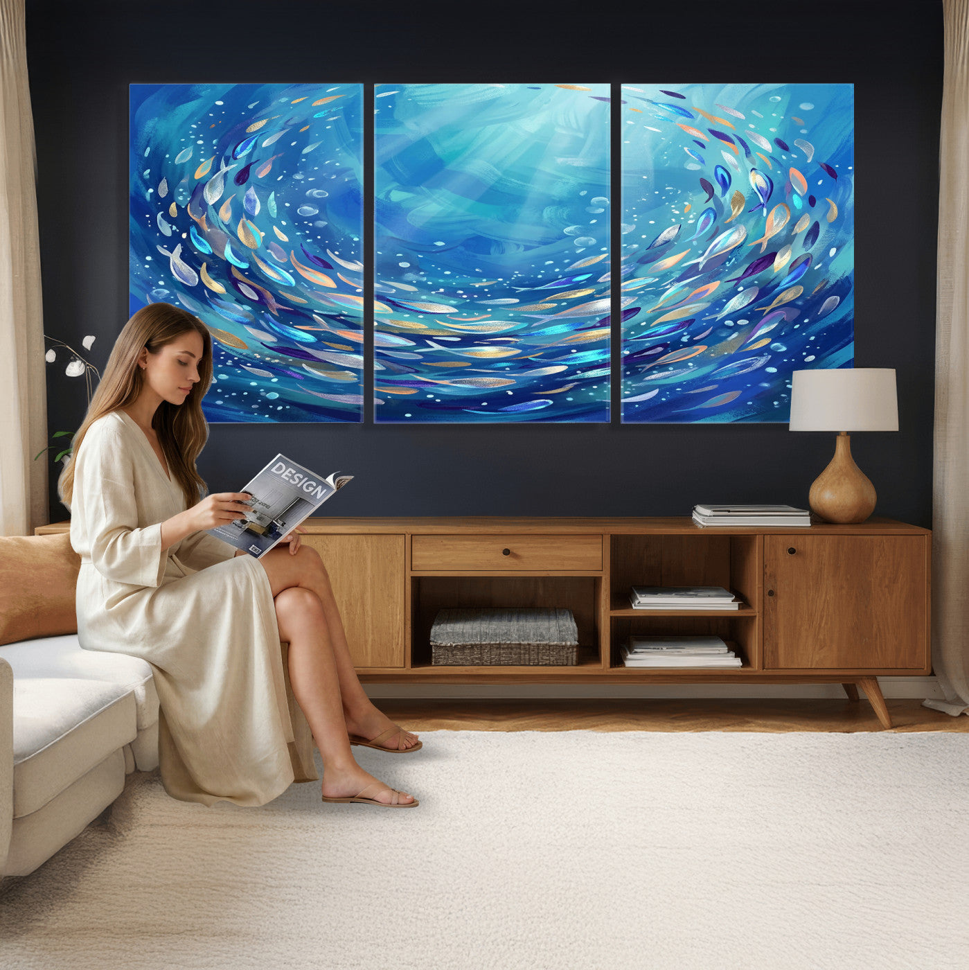 78699899-MGV-CV-36X24 - School of Fish Canvas Print | Blue Ocean Underwater Wall Art | Swirling Fish Shoal Illustration | Marine Navy Coastal Decor