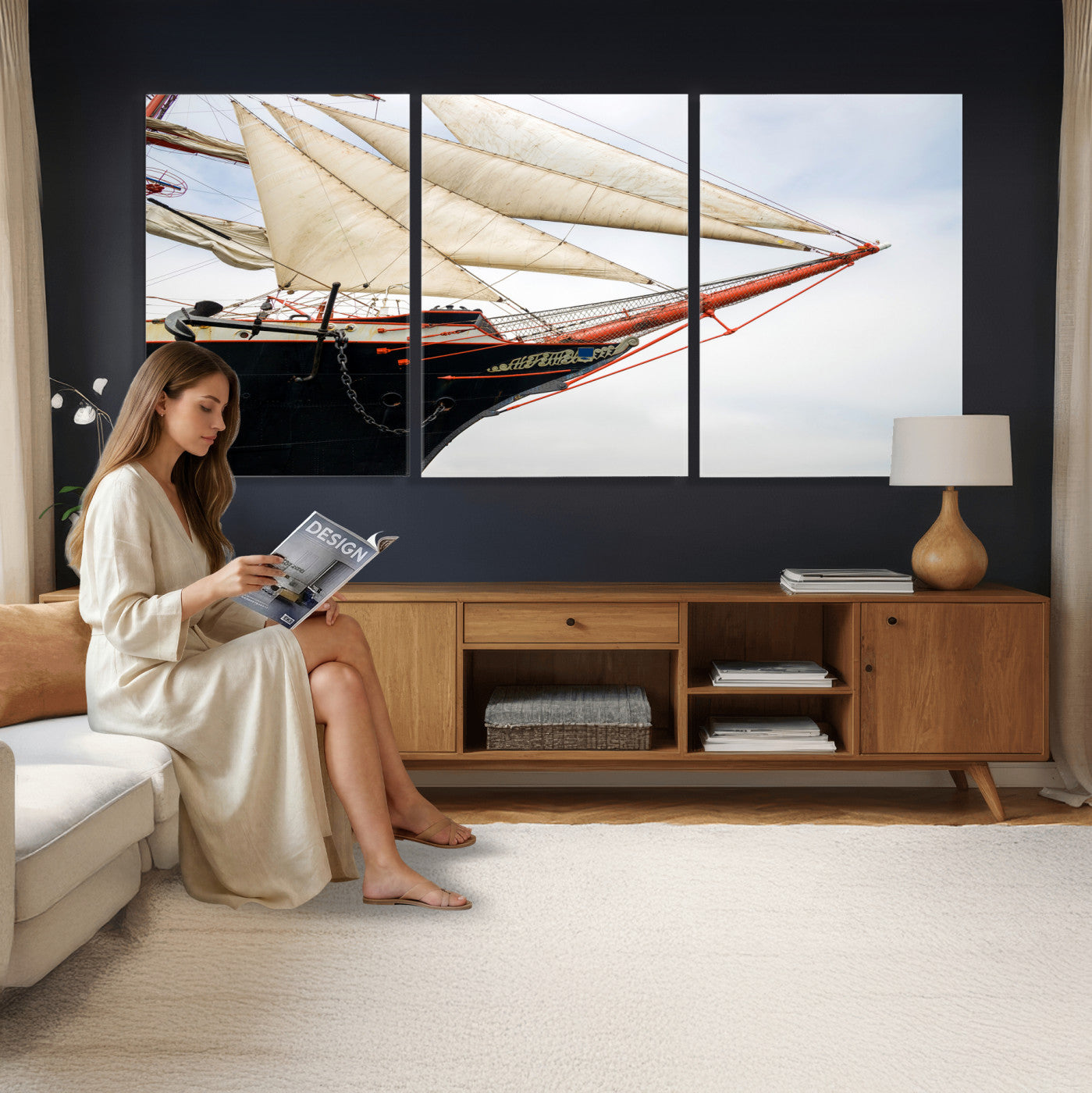 64830036-MGV-CV-36X24 - Sailboat Wall Art Canvas Print, Vintage Ship Bow Framed Artwork, Nautical Sailing Decor for Living Room Office Beach House