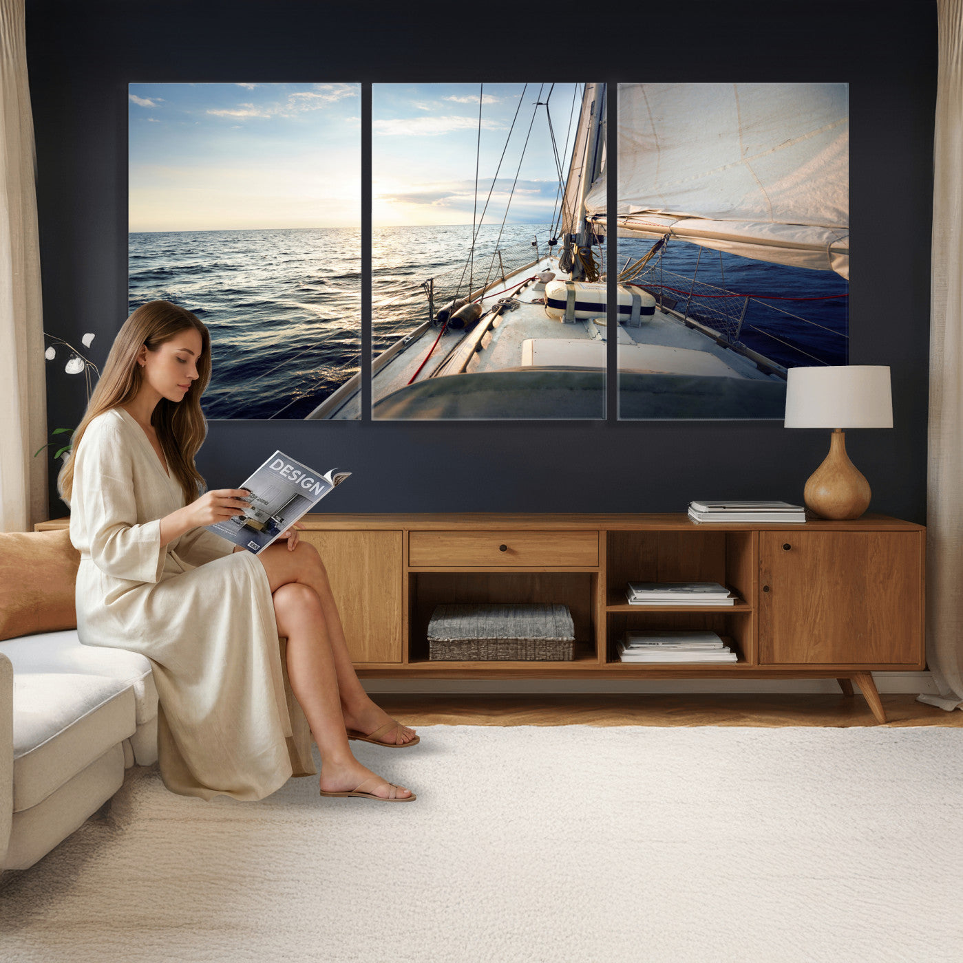 76381335-MGV-CV-36X24 - Sailboat Wall Art Canvas Print, Ocean Sunset Sailing Framed Artwork, Coastal Nautical Seascape Decor for Living Room Office Beach House