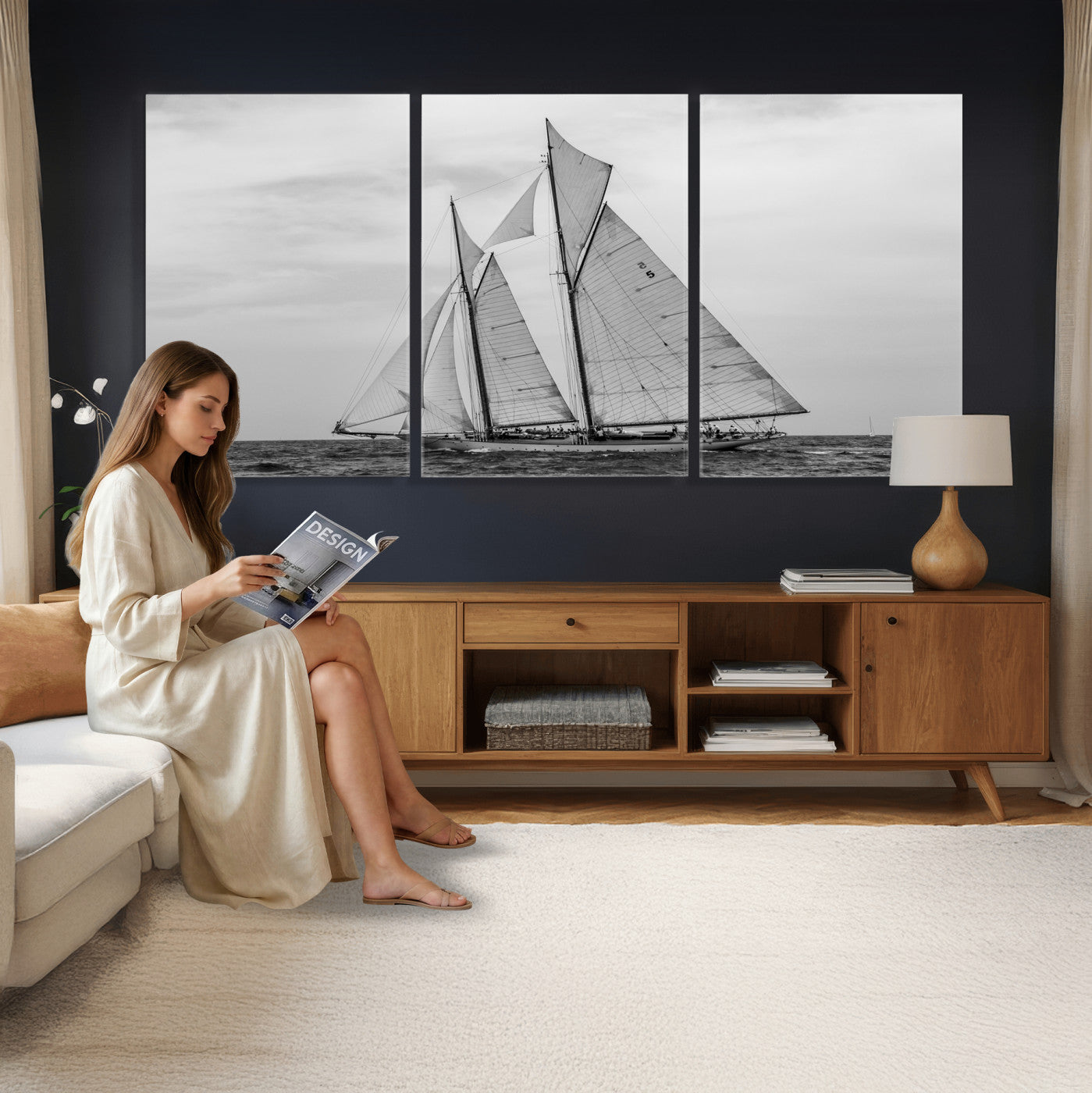 52882918-MGV-CV-36X24 - Vintage Sailboat Wall Art Canvas Print, Black and White Schooner Framed Artwork, Nautical Ocean Sailing Decor for Living Room Office Beach House