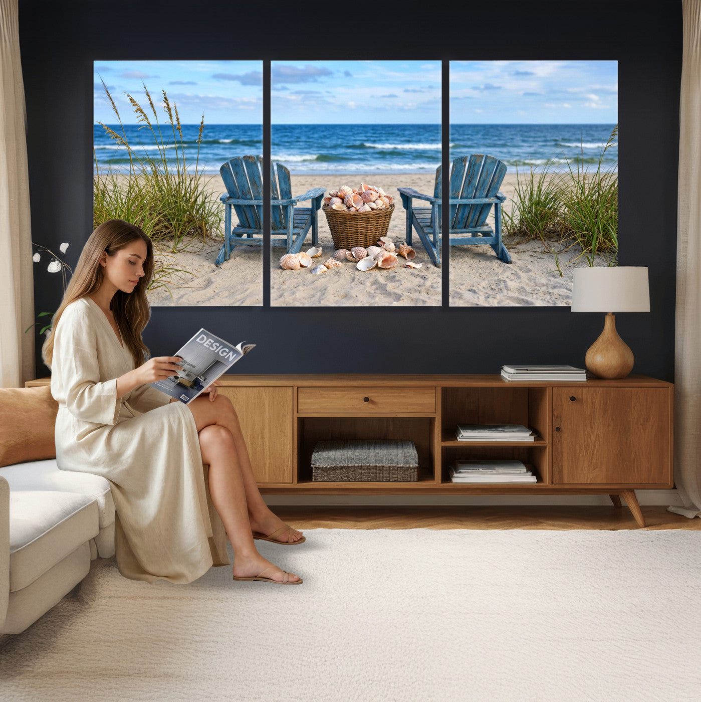 80268829-MGV-CV-36X24 - Large Beach Canvas Wall Art Coastal Adirondack Chairs Ocean Seashells Blue Nautical Framed Large for Living Room Bedroom Bathroom Decor