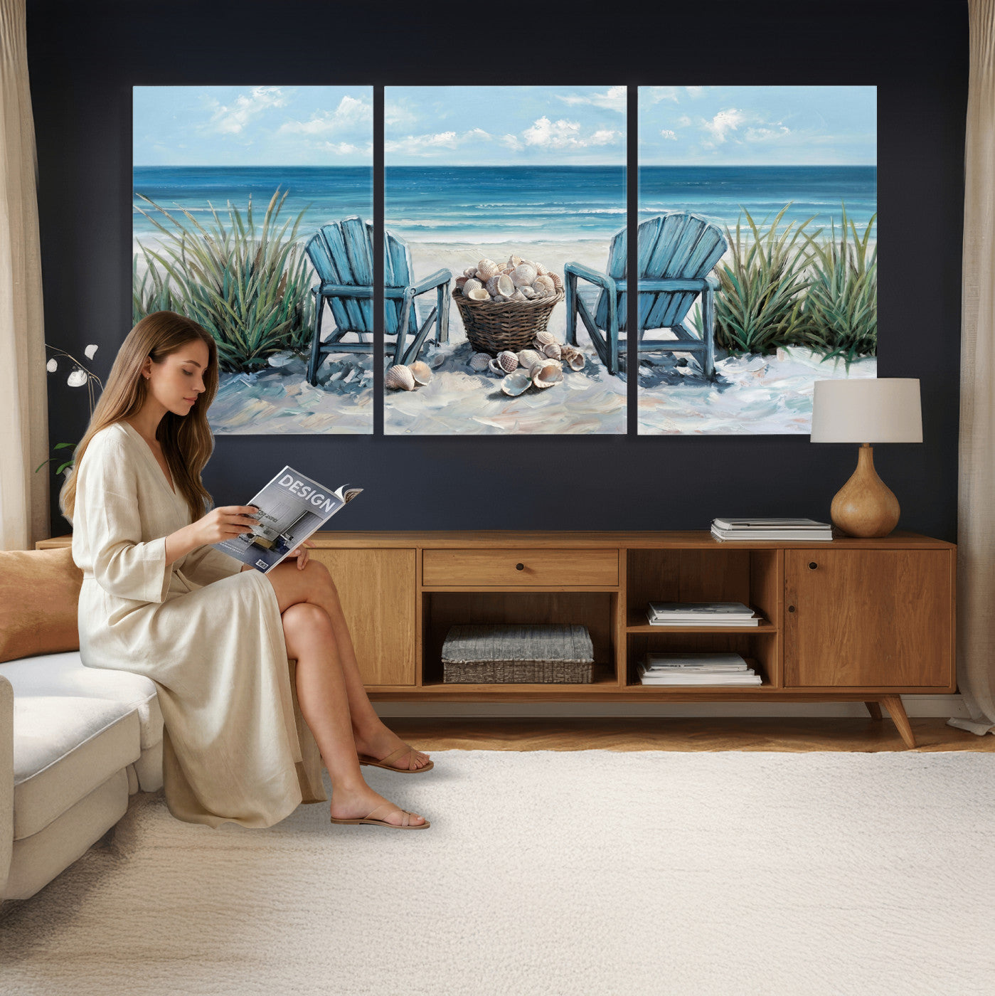 11973028-MGV-CV-36X24 - Beach Canvas Wall Art Coastal Adirondack Chairs Ocean Seashells Blue Nautical Framed Large for Living Room Bedroom Bathroom Decor