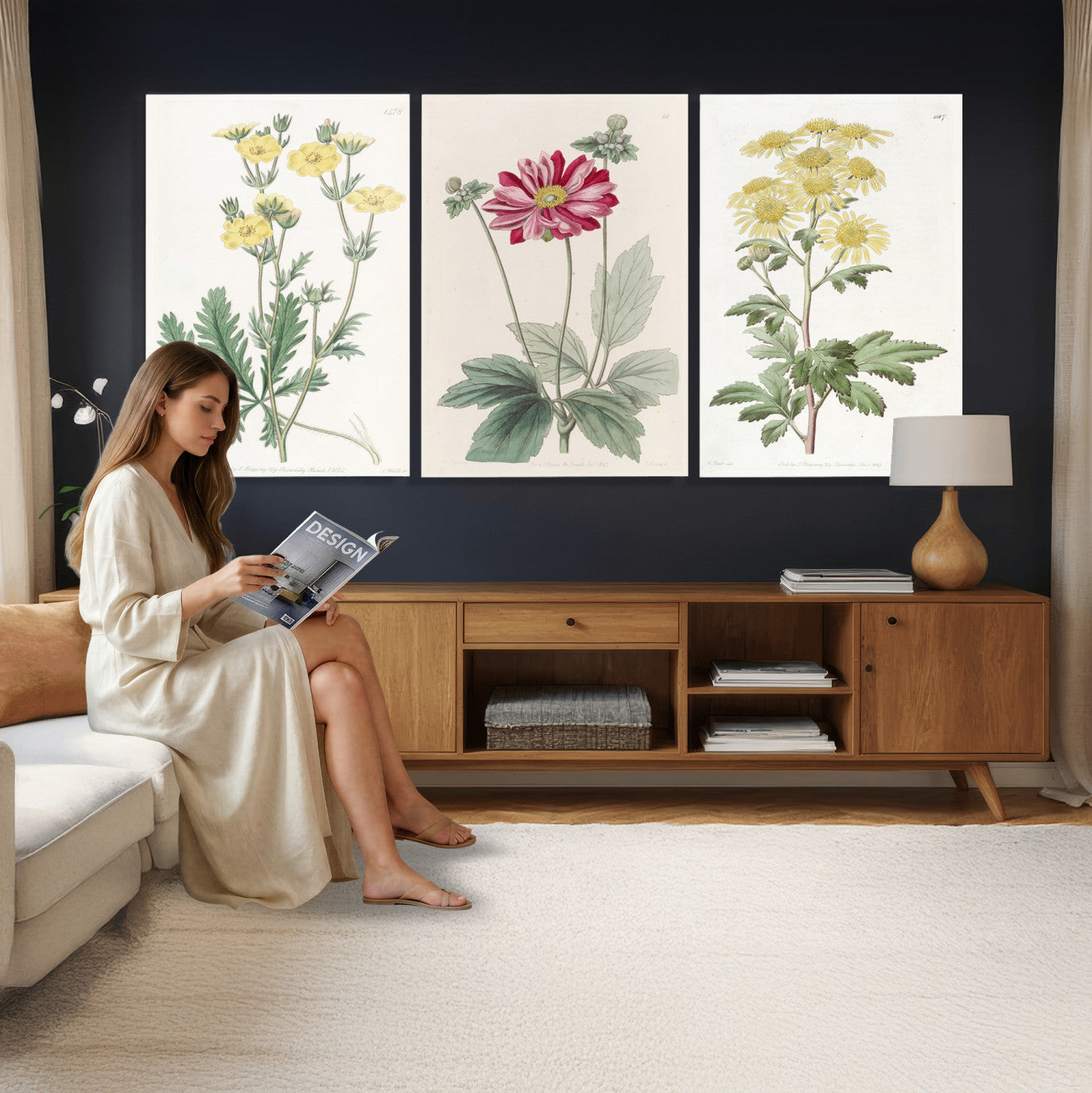 17622011MF-MGV-CV-60X30-3P - Antique Botanical Canvas Wall Art, Victorian Flower Illustration Triptych Print, Cottagecore Vintage Botanical Decor