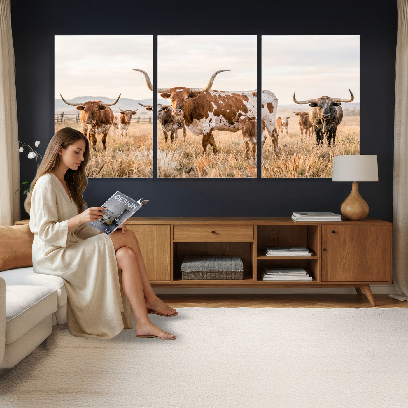 62336425AC-MGV-CV-36X24 - Texas Longhorn Canvas Wall Art, Rustic Farm Animal Photography Print, Farmhouse Country Decor, Western Ranch Art