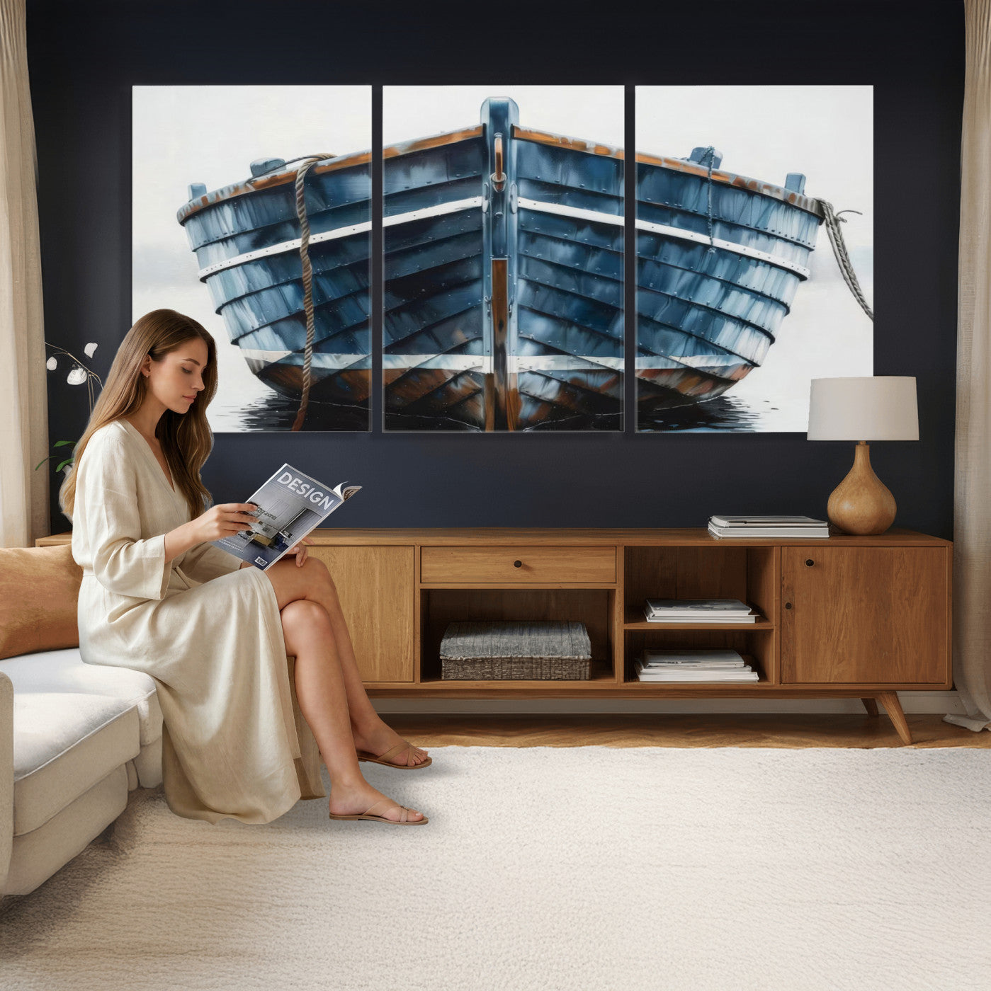 21601740-MGV-CV-36X24 - Blue Wooden Rowboat Canvas Wall Art, Coastal Nautical Boat Painting Print for Lake Beach House Decor, Minimalist Maritime Decor Artwork