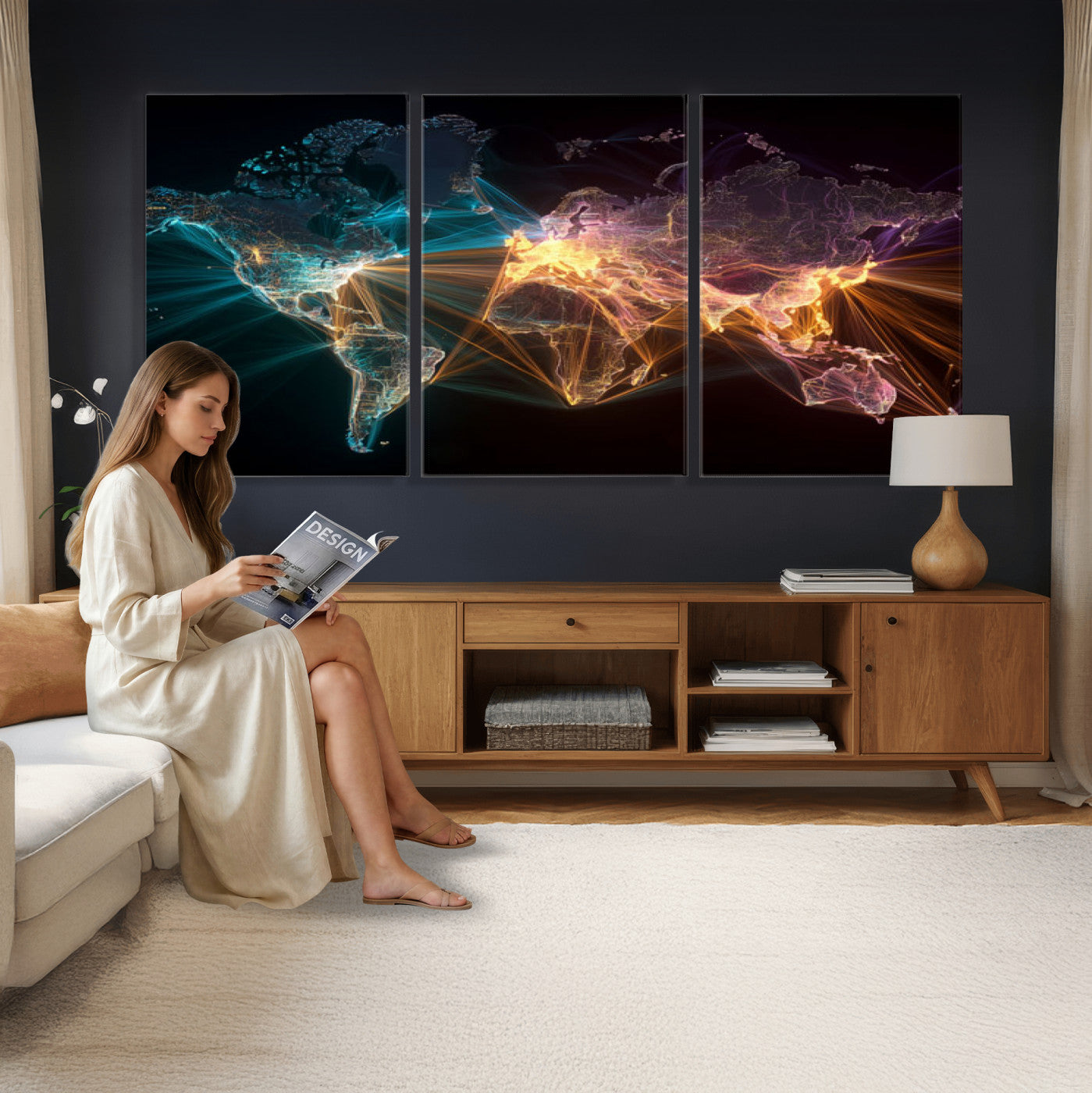 14891737-MGV-CV-36X24 - World Map and Global Flight Routes Map Canvas Wall Art, Worldwide Aviation Network Print, International Air Travel Wall Decor