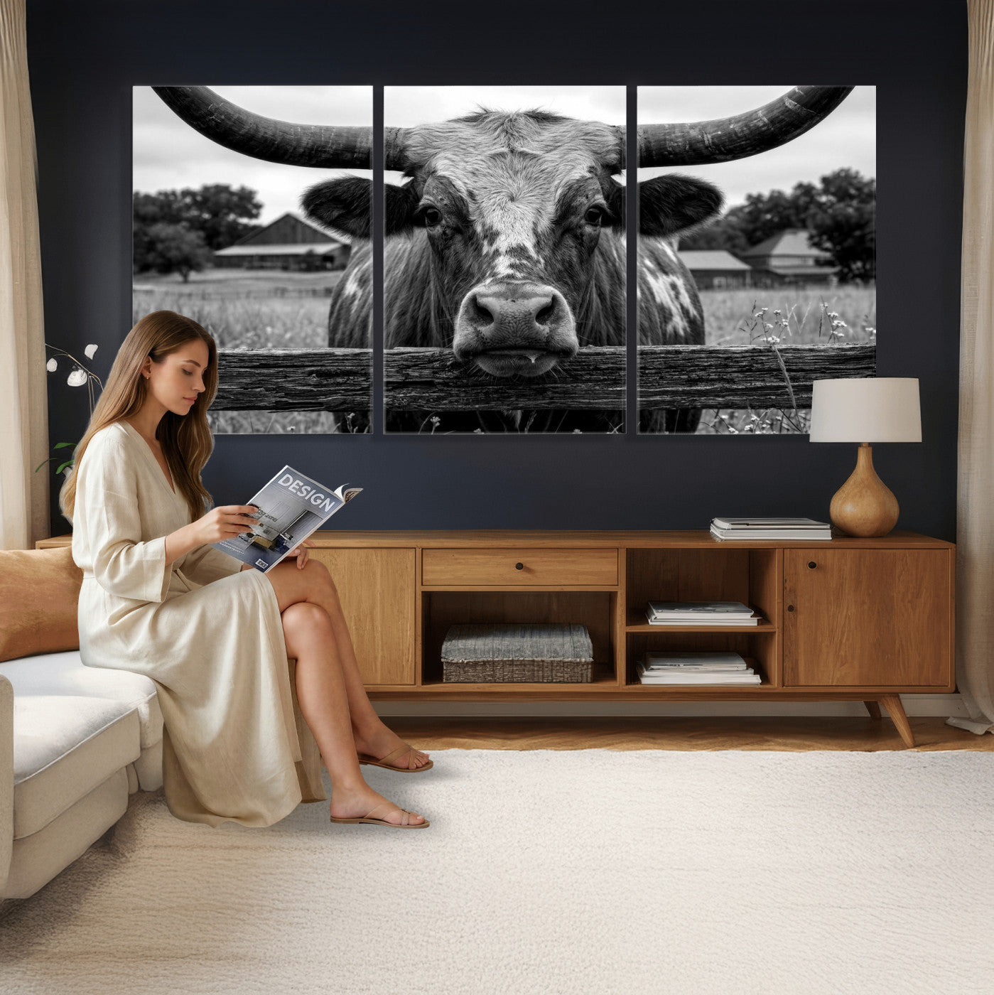 59378683B-MGV-CV-36X24 - Black White Texas Longhorn Bull Canvas Wall Art, Western Ranch Cattle Photography Print, Rustic Farmhouse Cowboy Decor Artwork