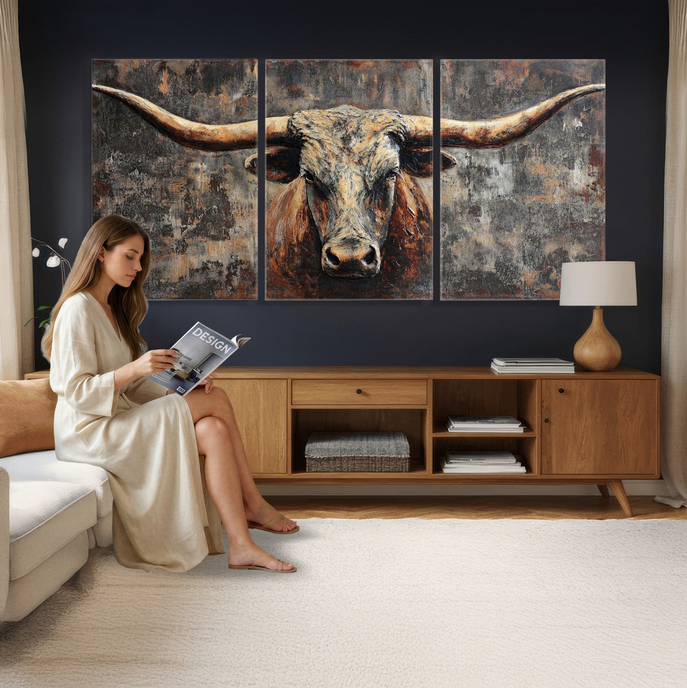 34202127RS-MGV-CV-60X30-3P - Texas Longhorn Skull Canvas Wall Art Rustic Western Decor Print