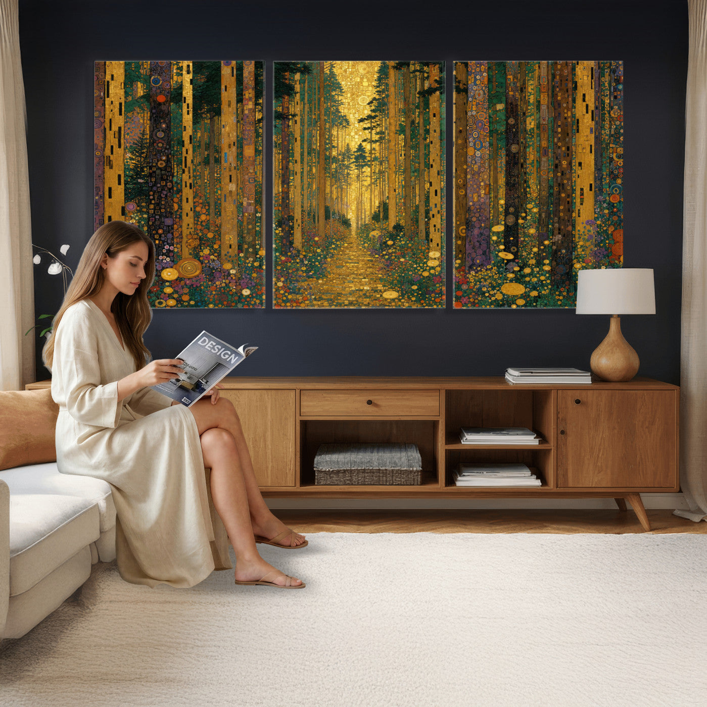 79483321G-MGV-CV-48X32-3P - Gustav Klimt Style Forest Canvas Wall Art, Golden Forest Path Floral Art Nouveau Print, Enchanted Woodland Decor