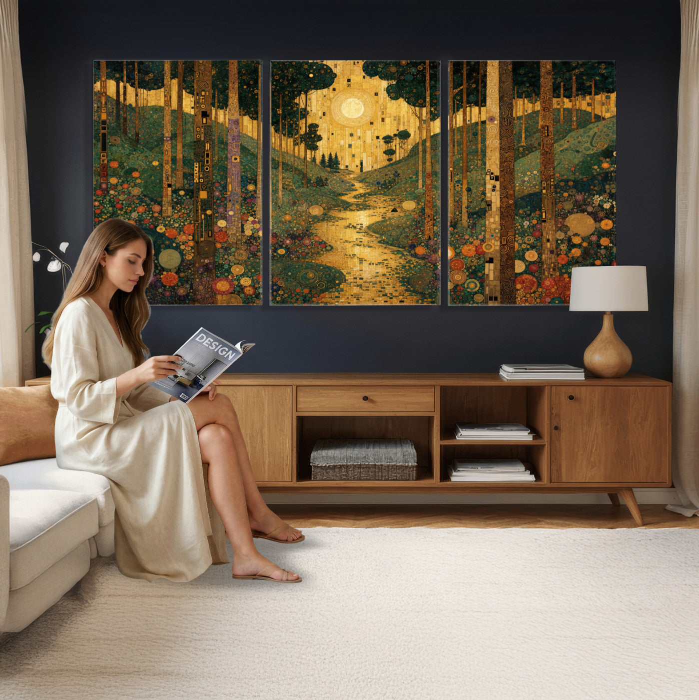 79483321GS-MGV-CV-48X32-3P - Gustav Klimt Style Forest Canvas Wall Art, Golden Forest Path Floral Art Nouveau Print, Enchanted Woodland Decor