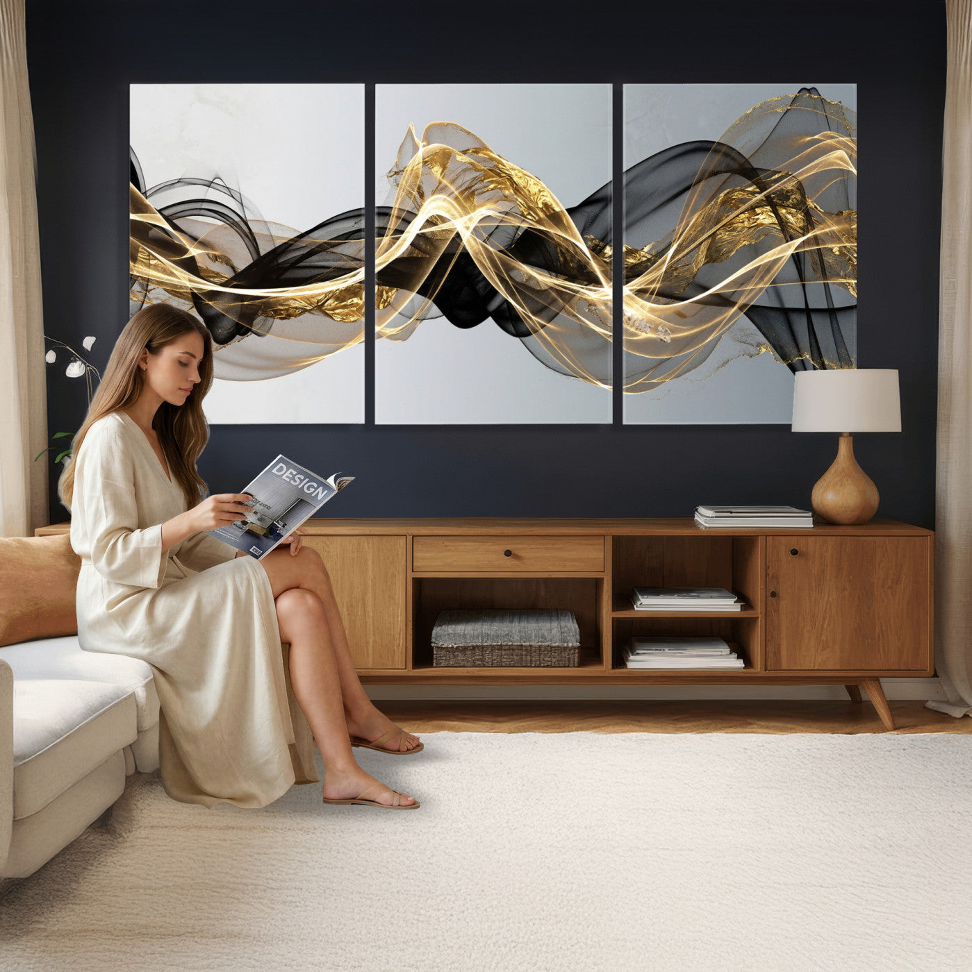 79483321DL-MGV-CV-36X24 - Black and Gold Abstract Wall Art, Modern Wave Canvas Print, Elegant Flowing Smoke Art, Luxury Living Room Decor