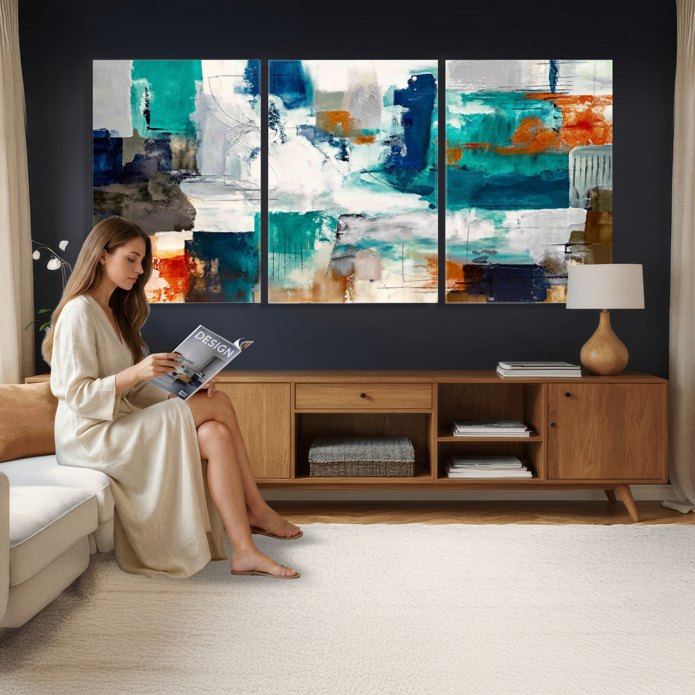 44038089-MGV-CV-36X24 - Blue Teal Abstract Canvas Wall Art, Modern Textured Painting Print, Navy Orange White Contemporary Art, Neutral Living Room Decor, Office Art