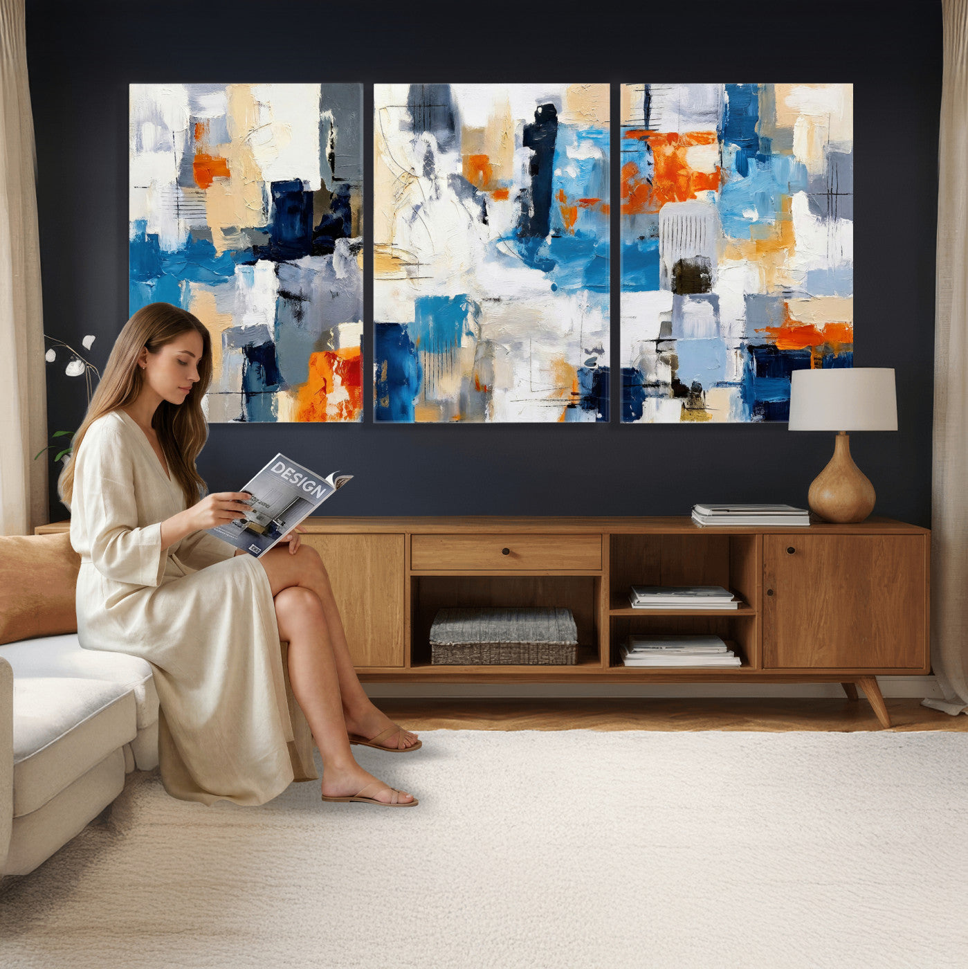 83915061-MGV-CV-36X24 - Blue Teal Abstract Canvas Wall Art, Modern Textured Painting Print, Navy Orange White Contemporary Art, Neutral Living Room Decor, Office Art