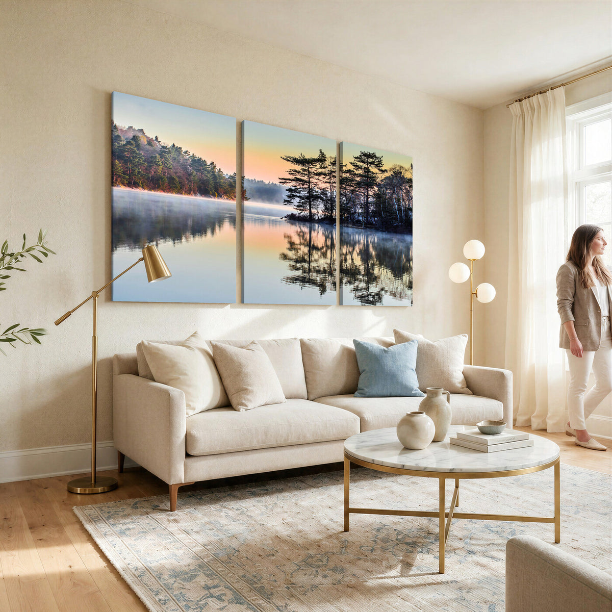 34236027-MGV-CV-36X24 - Before People Wake Canvas Wall Art Print, Misty Lake Sunrise Landscape, Forest Reflection Nature Decor, Ready to Hang