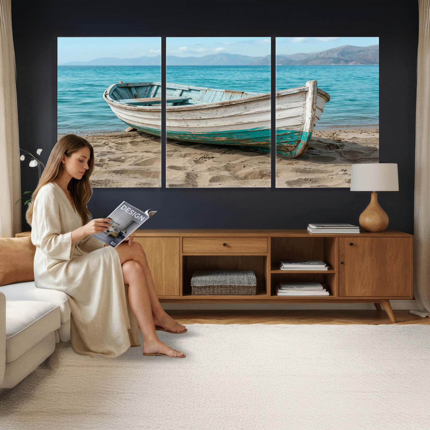 49963709-MGV-CV-36X24 - Coastal Boat Canvas Wall Art Print, Beach Boat Painting, Nautical Ocean Decor, Seascape Wall Art - Ready to Hang