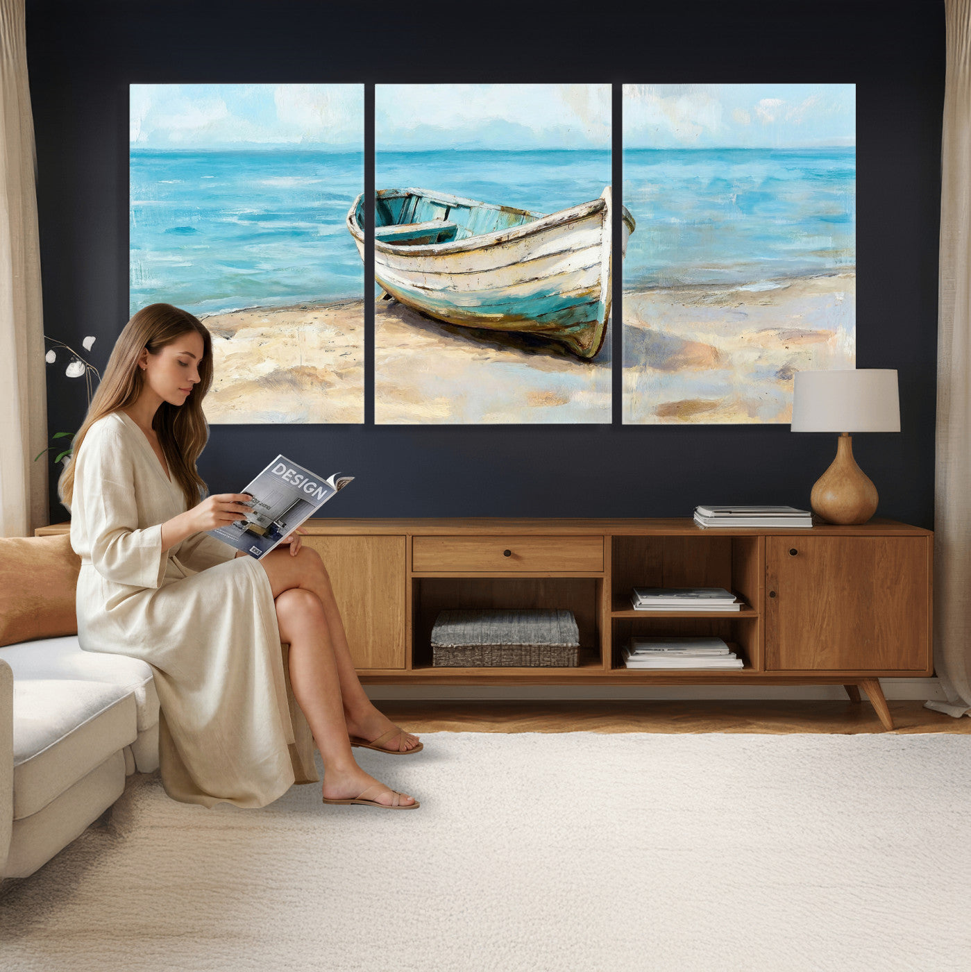 14780565-MGV-CV-36X24 - Coastal Boat Canvas Wall Art Print, Beach Boat Painting, Nautical Ocean Decor, Seascape Wall Art - Ready to Hang