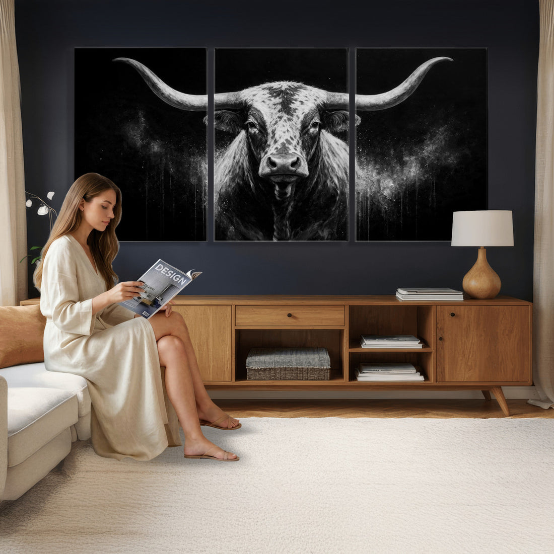 Texas Bull Cow Longhorn Canvas Wall Art Moody Western Bull Oil Painting Print
