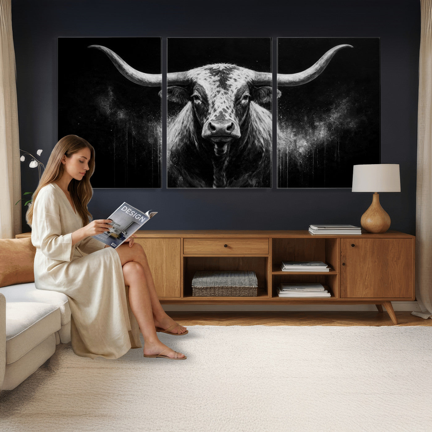 29671077-MGV-CV-60X30-3P - Texas Bull Cow Longhorn Canvas Wall Art Moody Western Bull Oil Painting Print