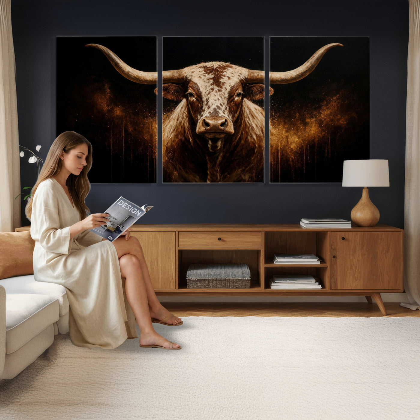 62076449-MGV-CV-48X32-3P - Texas Bull Cow Longhorn Canvas Wall Art Moody Western Bull Oil Painting Print