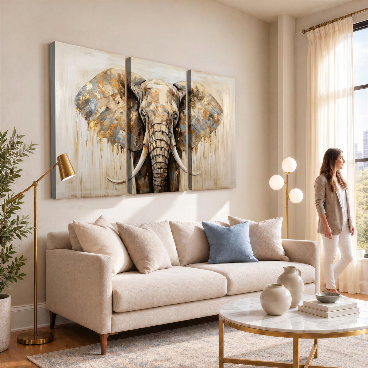 95819221-MGV-CV-36X24 - Gold Leaf Elephant Canvas Wall Art Abstract African Wildlife Painting Print