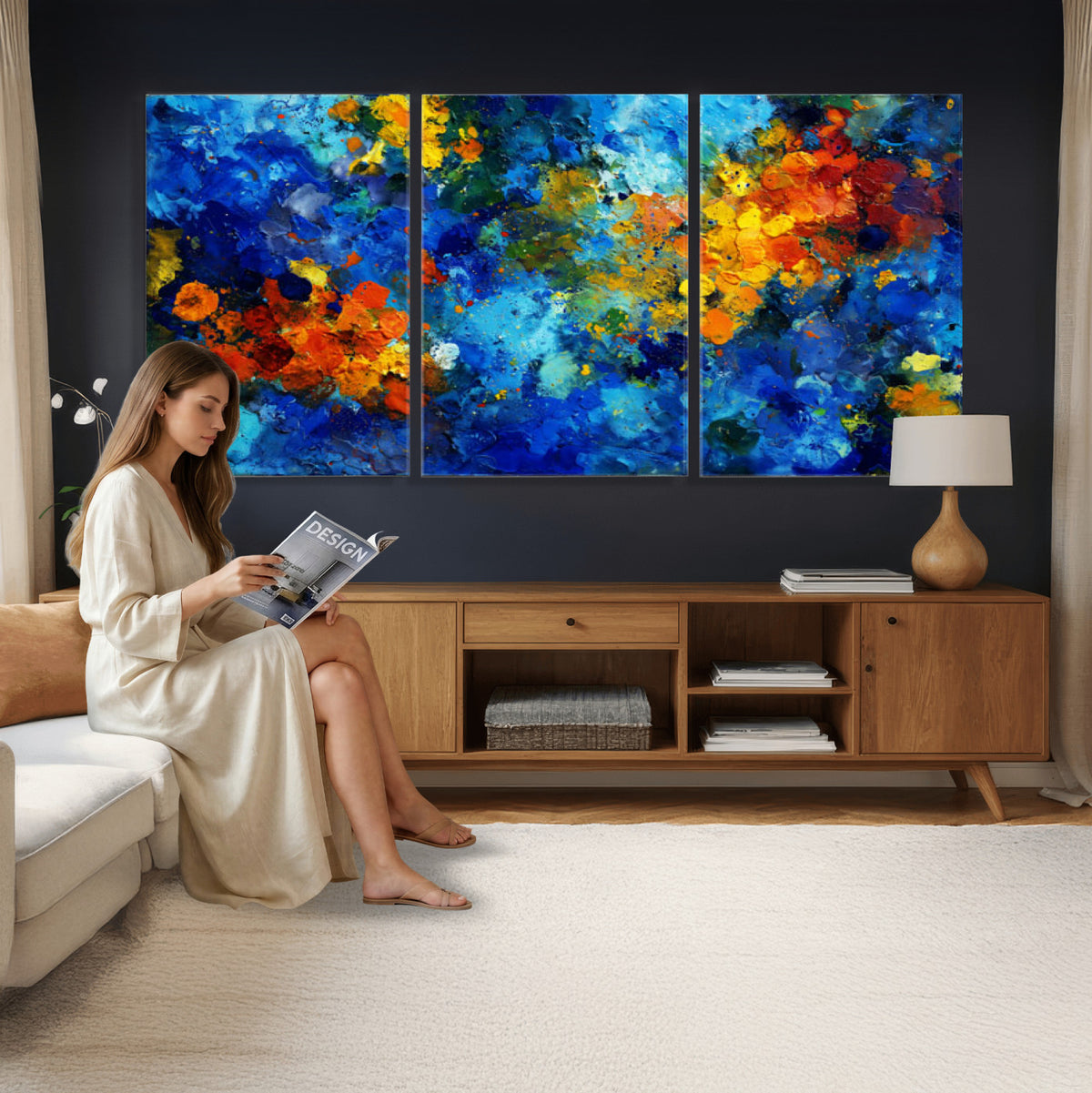 52431611-MGV-CV-36X24 - Vibrant Blue Abstract Canvas Wall Art Colorful Impasto Oil Painting Print