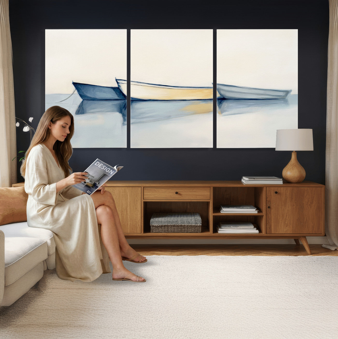 84017361-MGV-CV-36X24 - Abstract Three Boats Reflecting on Water Wall Art Canvas Print - Minimalist Coastal Seascape