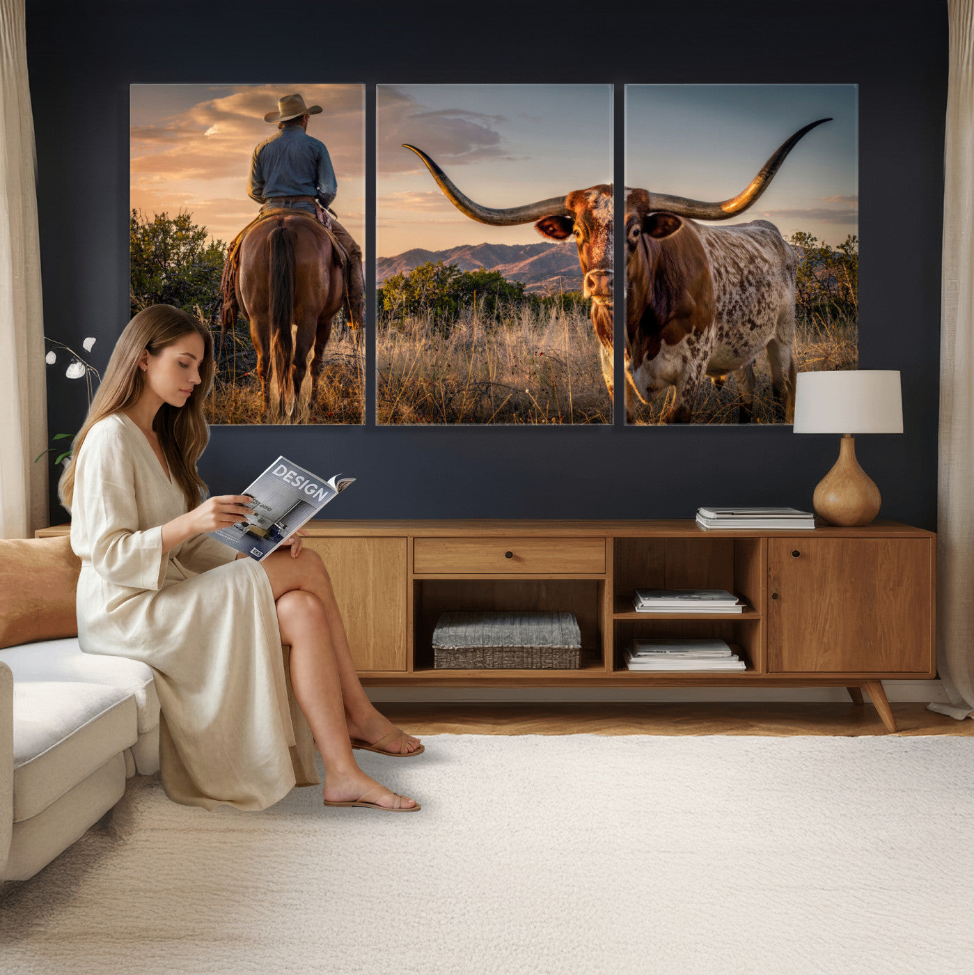 62076449-MGV-CV-60X30-3P - Texas Cow Bull Longhorn Cowboy Western Wall Art Decor for Farmhouse
