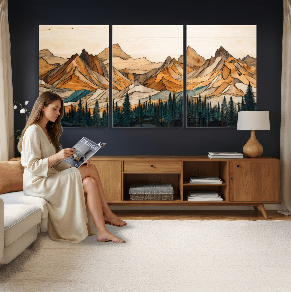 57384313-MGV-CV-60X30-3P - Mountain Landscape Canvas Wall Art with Wood Grain Effect, Golden Peaks and Teal Pine Forest, Framed Cabin Decor