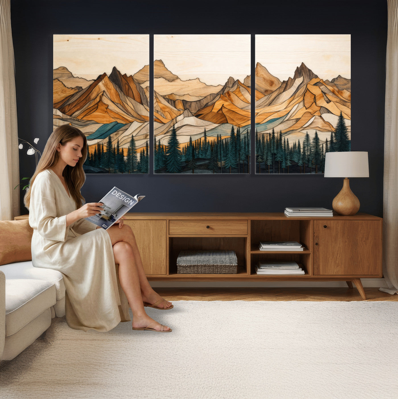 57384313-MGV-CV-48X32-3P - Mountain Landscape Canvas Wall Art with Wood Grain Effect, Golden Peaks and Teal Pine Forest, Framed Cabin Decor