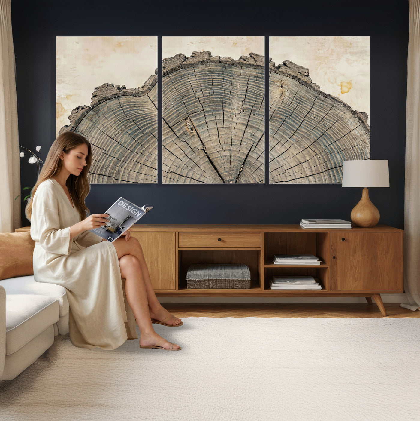 34201080-MGV-CV-60X30-3P - Tree Ring Canvas Wall Art in Neutral Earth Tones, Framed Wood Slice Print for Rustic and Japandi Interiors