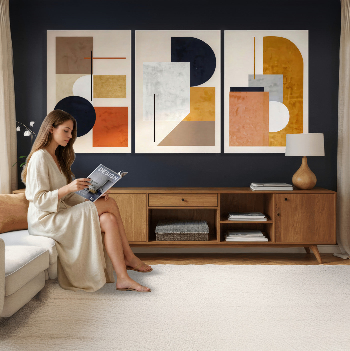 87361249-MGV-CV-48X32-3P - Mid Century Modern Geometric Canvas Wall Art, Abstract Triptych Print