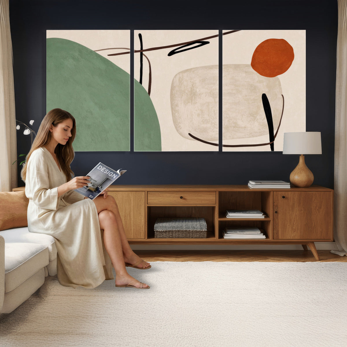 46798824-MGV-CV-48X32-3P - Mid Century Modern Geometric Canvas Wall Art, Abstract Triptych Print