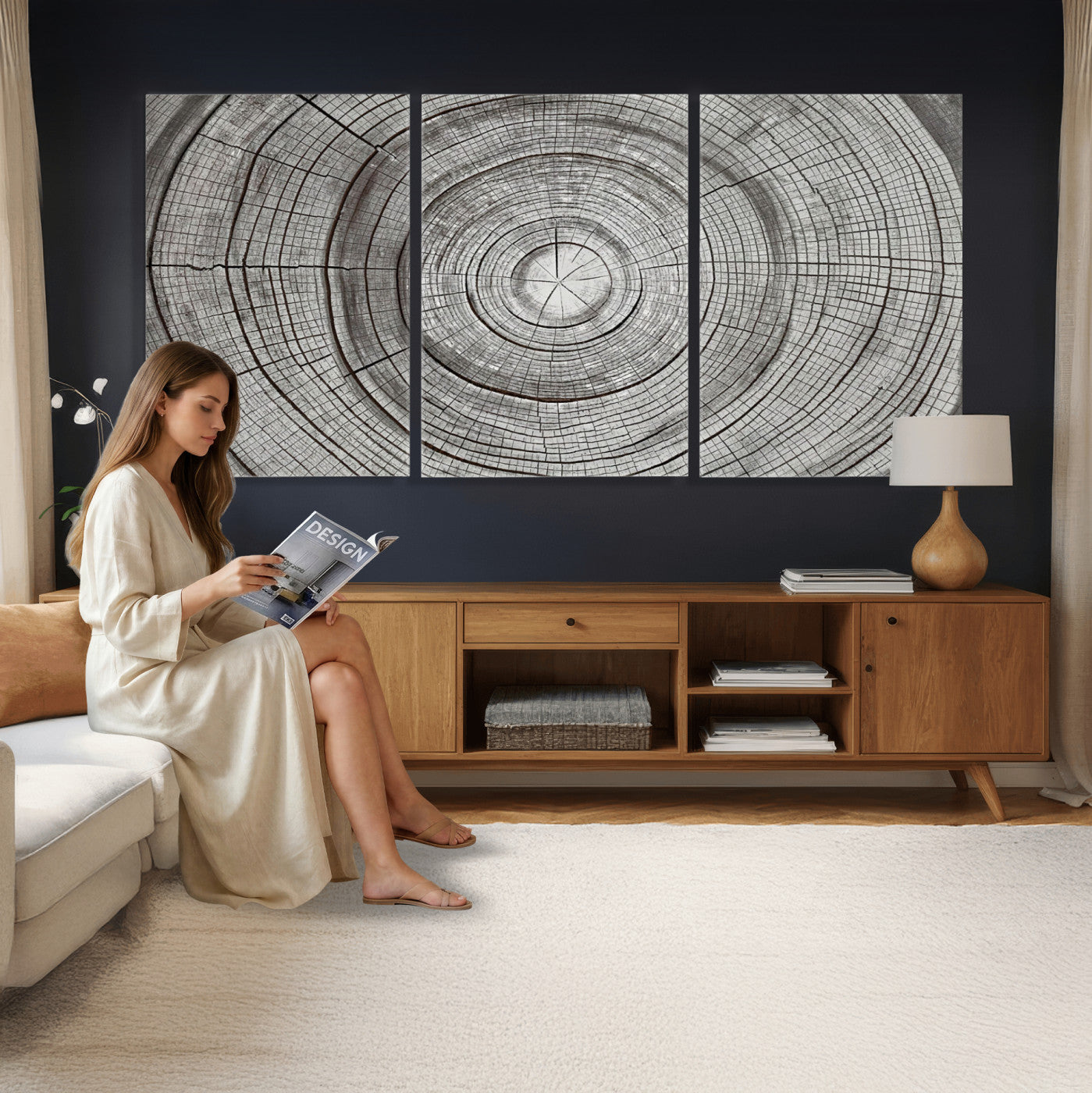 62842388-MGV-CV-36X24 - Rustic Tree Ring Canvas Wall Art, Gray Wood Slice Abstract Nature Print
