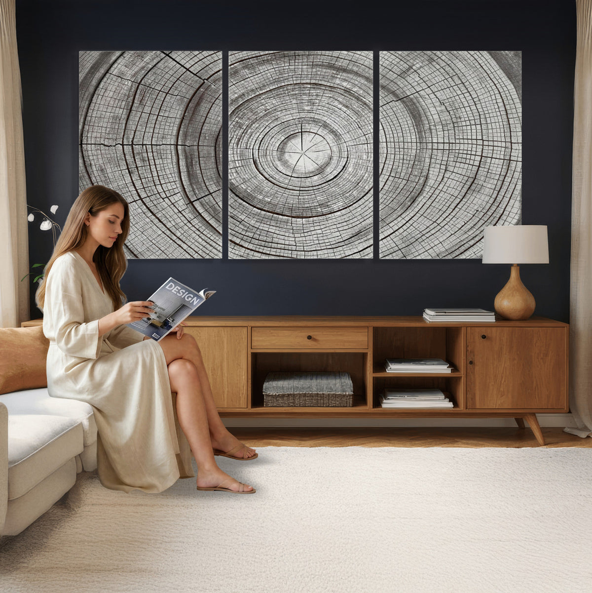 62842388-MGV-CV-36X24 - Rustic Tree Ring Canvas Wall Art, Gray Wood Slice Abstract Nature Print