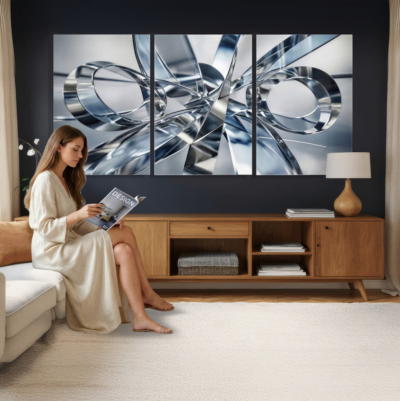 70036312-MGV-CV-36X24 - Modern Chrome Abstract Canvas Wall Art, Futuristic Silver Metallic Print