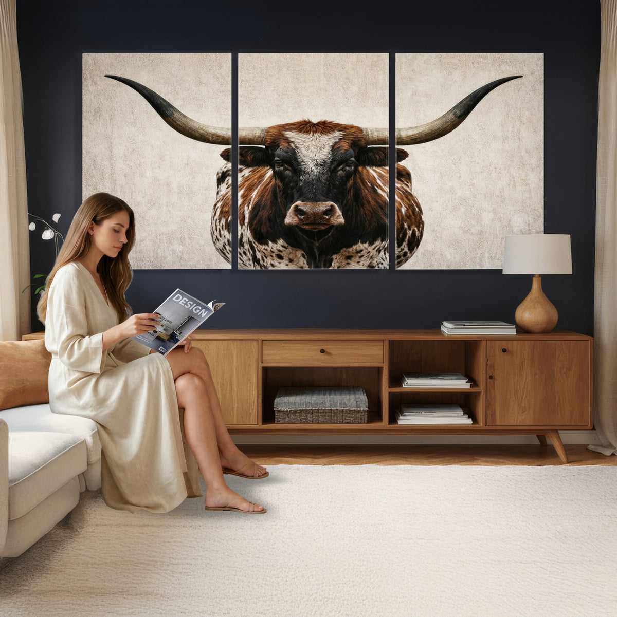 58622065-MGV-CV-36X24 - Texas Longhorn Canvas Wall Art Western Bull Desert Moody Grey Overcast Rustic Farmhouse Framed Large for Living Room Bedroom Office Decor