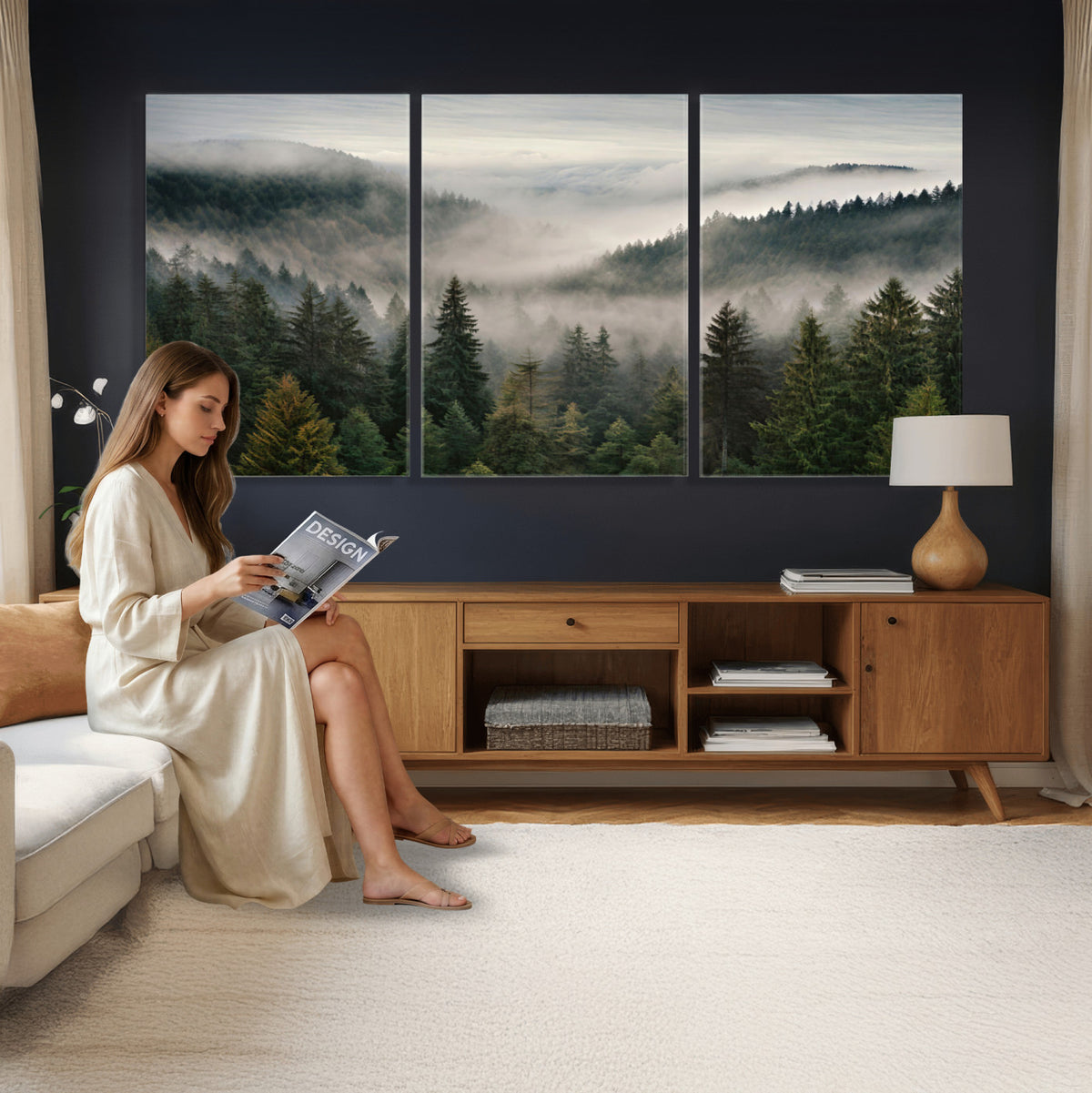 38409495-_Poster-30x20 - Misty Pine Valley Mountain Canvas Print 3 Piece Framed Wall Art Extra Large Floating Frame Nature Poster Made in USA