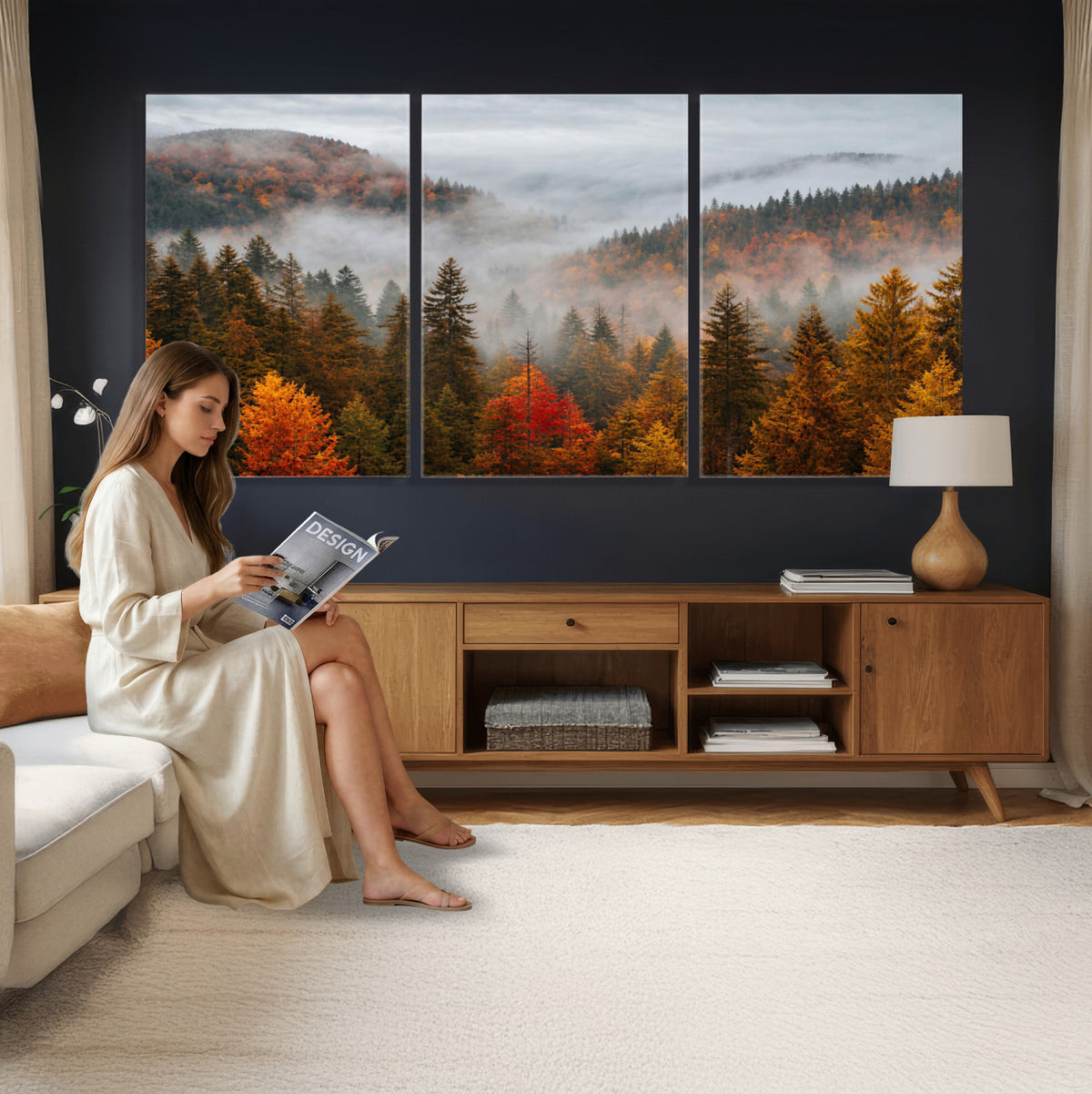 87481341-_Poster-30x20 - Foggy Autumn Mountain Canvas Print Smoky Pine Forest Wall Art Panoramic Nature Poster 3 Piece Made in USA