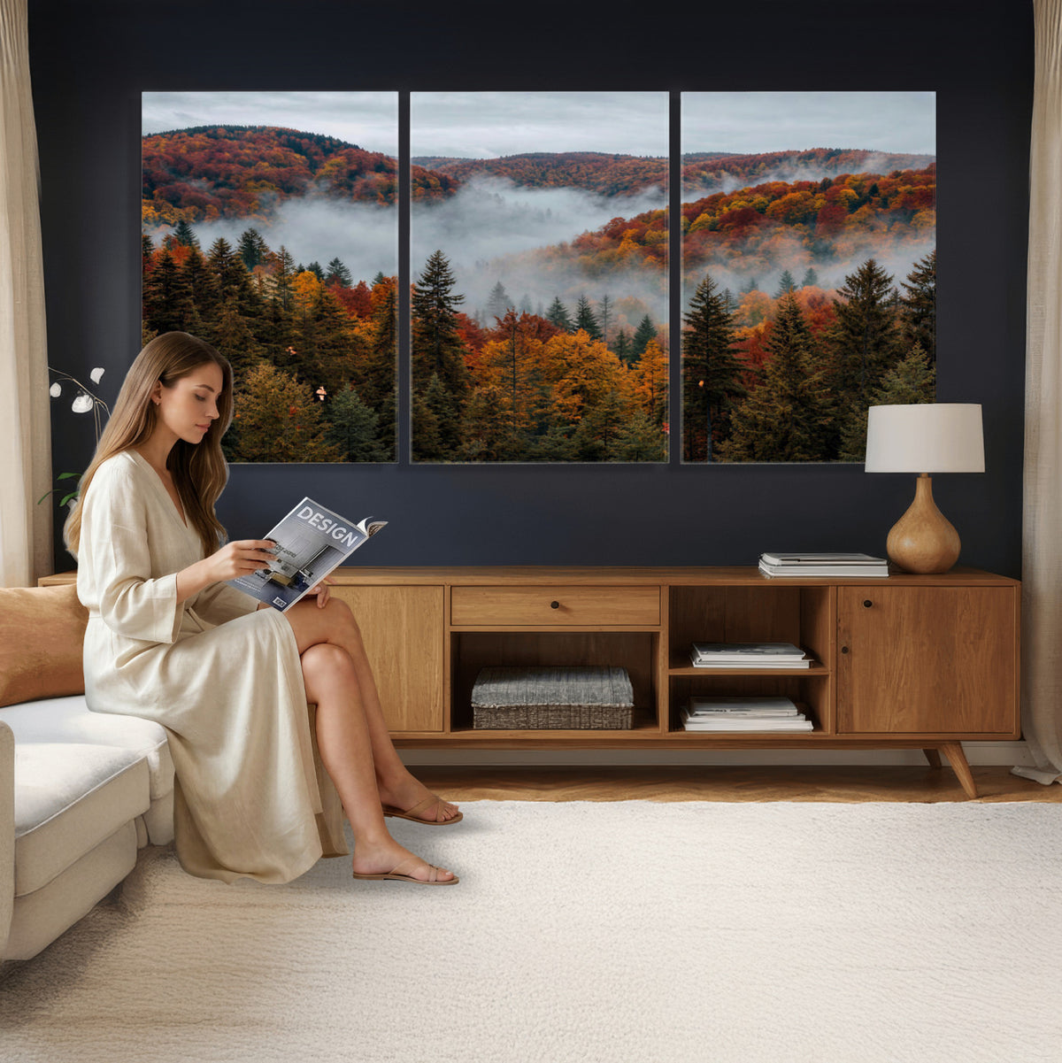 26686263-_Poster-30x20 - Misty Autumn Forest Mountain Canvas Print 3 Panel Wall Art Gallery Wrapped Floating Frame Poster Made in USA