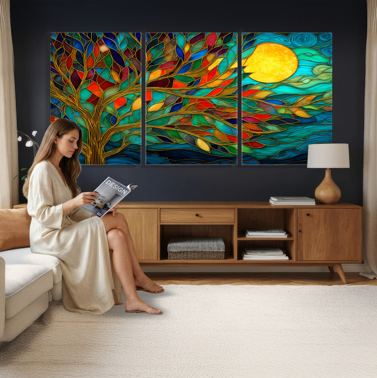 11877152-MGV-CV-36X24 - Stained Glass Tree Of Life Wall Art - Vibrant Mosaic Nature Home Decor