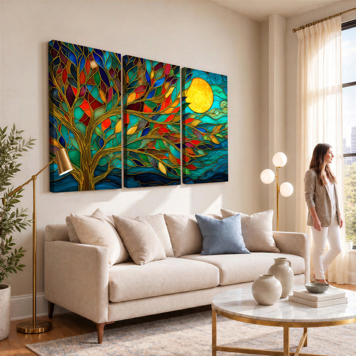 11877152-MGV-CV-36X24 - Stained Glass Tree Of Life Wall Art - Vibrant Mosaic Nature Home Decor
