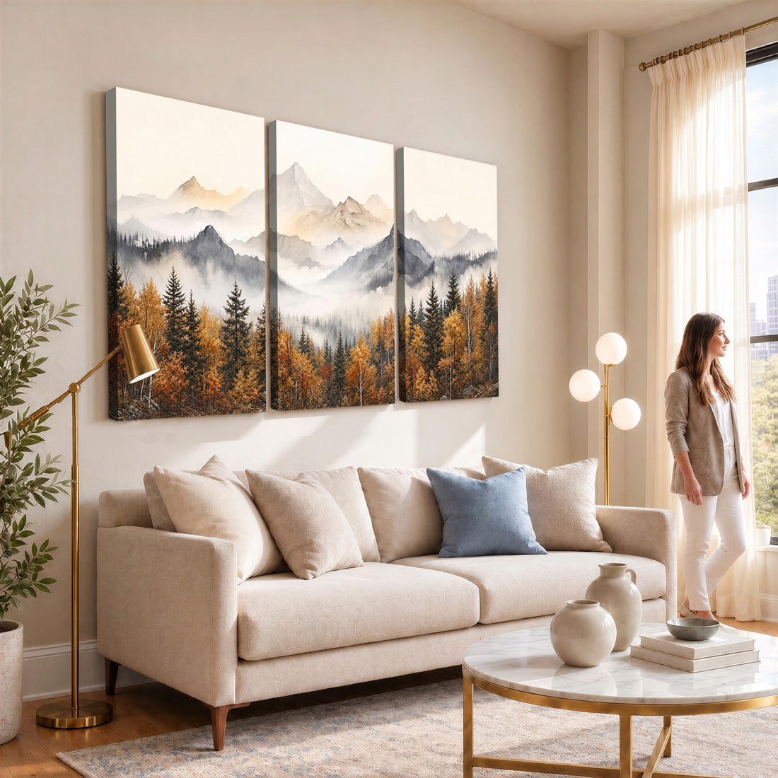 Misty Mountain Autumn Forest Canvas Wall Art - Watercolor Fall Nature Landscape Print
