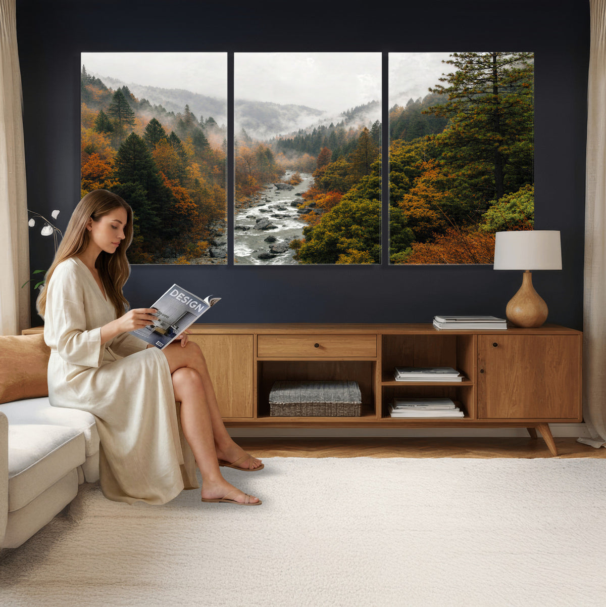 95540697-MGV-TP-30X20 - Misty River Mountain Valley Canvas Wall Art - Autumn Forest Landscape Nature Print