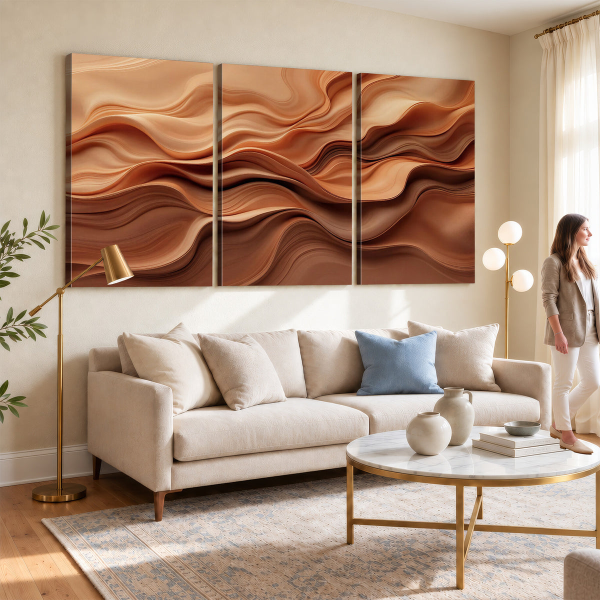 82230697-MGV-CV-36X24 - Modern Abstract Fluid Waves Canvas Wall Art - Minimalist Warm Terracotta Beige Sand Print