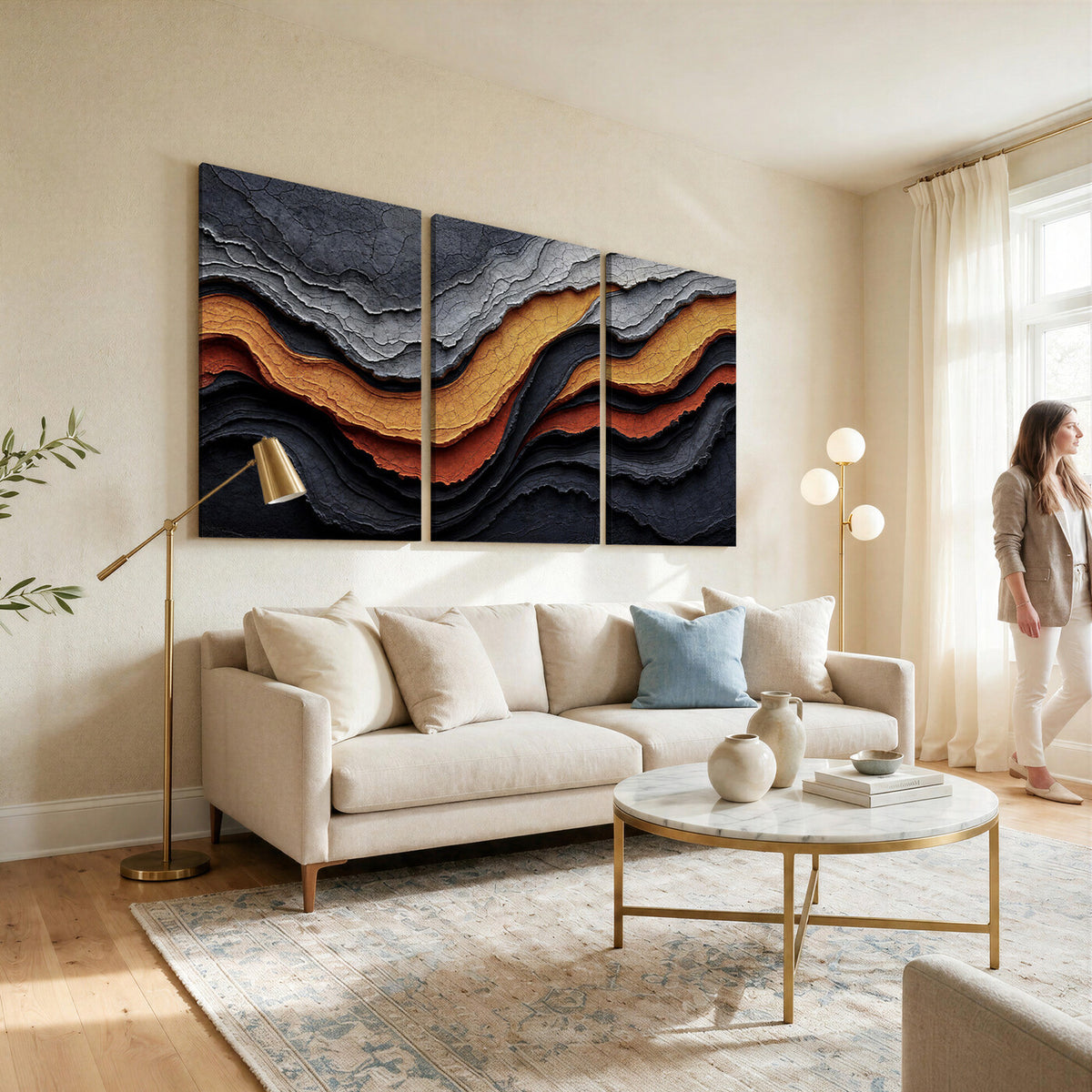 59852489-MGV-CV-36X24 - Abstract Waves Canvas Wall Art - Modern Terracotta and Charcoal Gray Print
