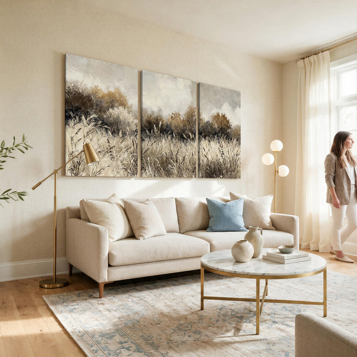 53959945-MGV-TP-30X20 - Muted Neutral Forest Landscape Canvas Wall Art - Vintage Rustic Wildflower Meadow Print
