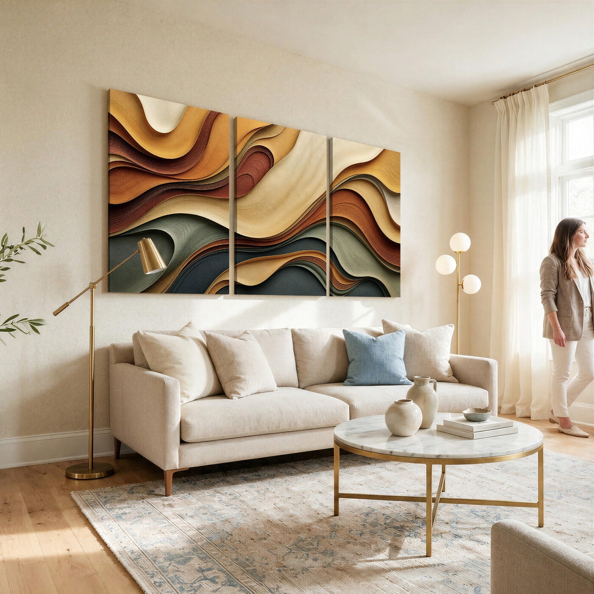 19337902-MGV-CV-36X24 - Modern Abstract Waves Canvas Wall Art - Minimalist Earthy Tone Living Room Decor