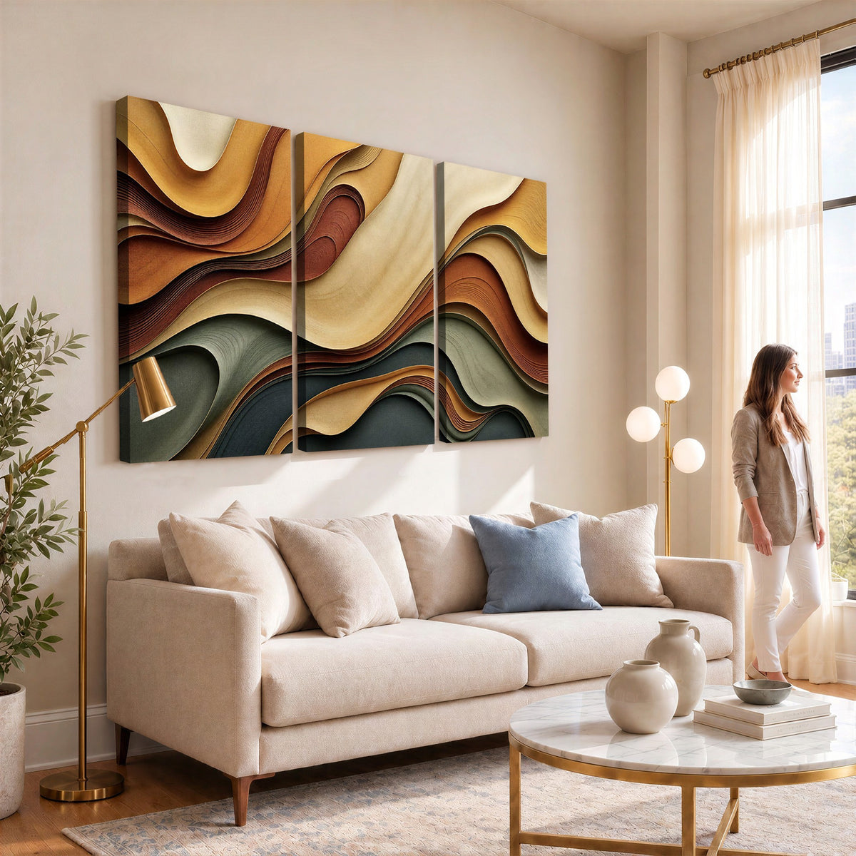 19337902-_Poster-30x20 - Modern Abstract Waves Canvas Wall Art - Minimalist Earthy Tone Living Room Decor