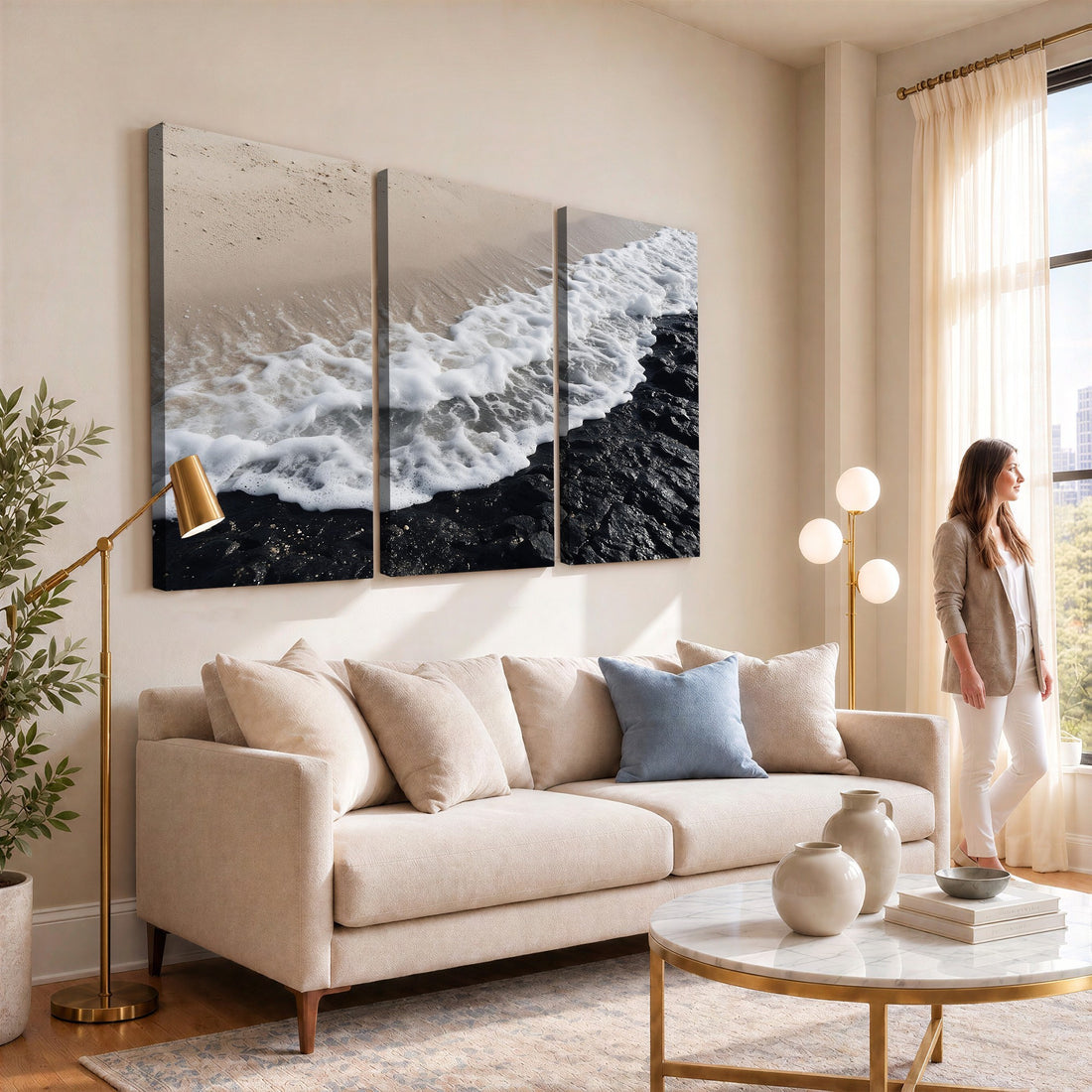 Ocean Wave Foam on Black Lava Rock Beach Canvas Wall Art Print